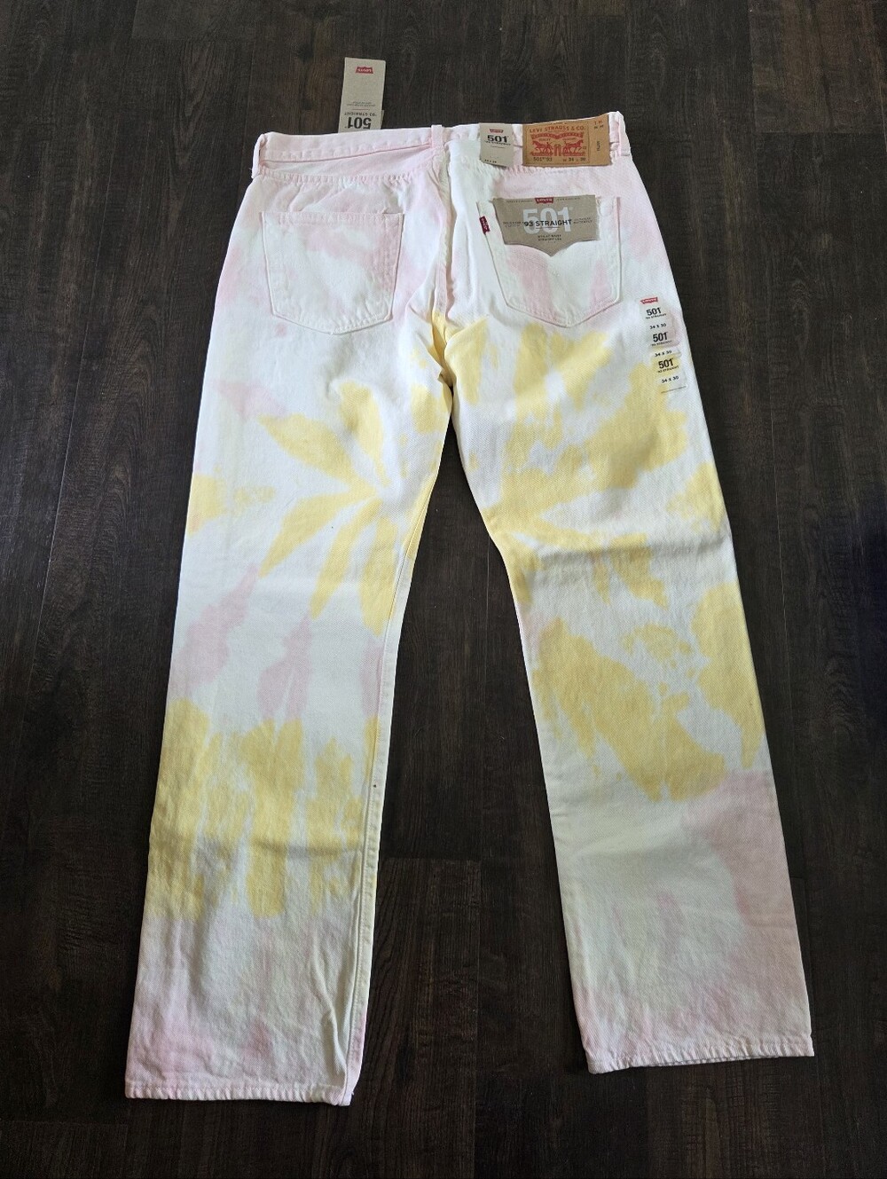 New LEVI’S 501 Jeans '93 STRAIGHT Mens 34X30 White Multicolor Tie Dye Button